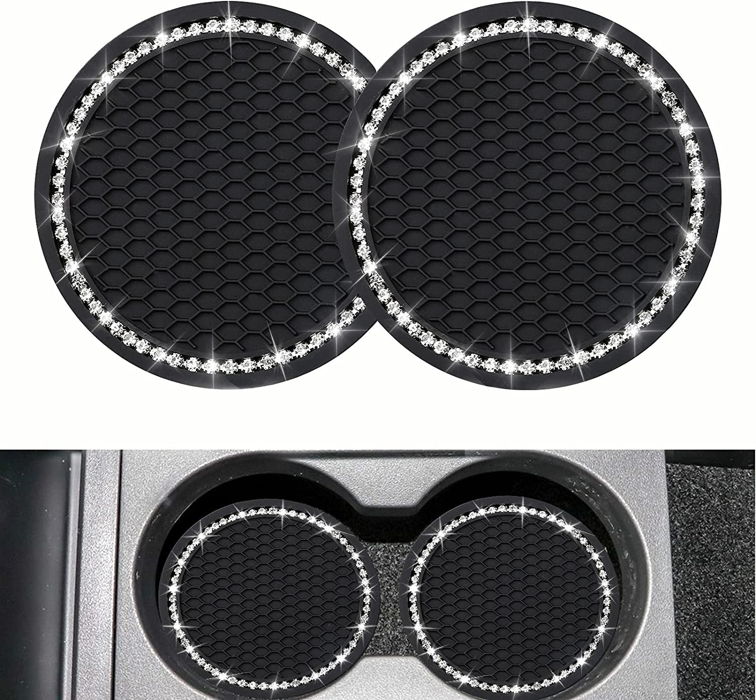 2PCS Bling Car Cup Coaster, Universal Vehicle Bling Holder Insert,2.75 Inch Rhinestone anti Slip Silicone Insert,Suitable for Most Car Interior,Best Gift Car Bling for Women, Black, 2 Pack