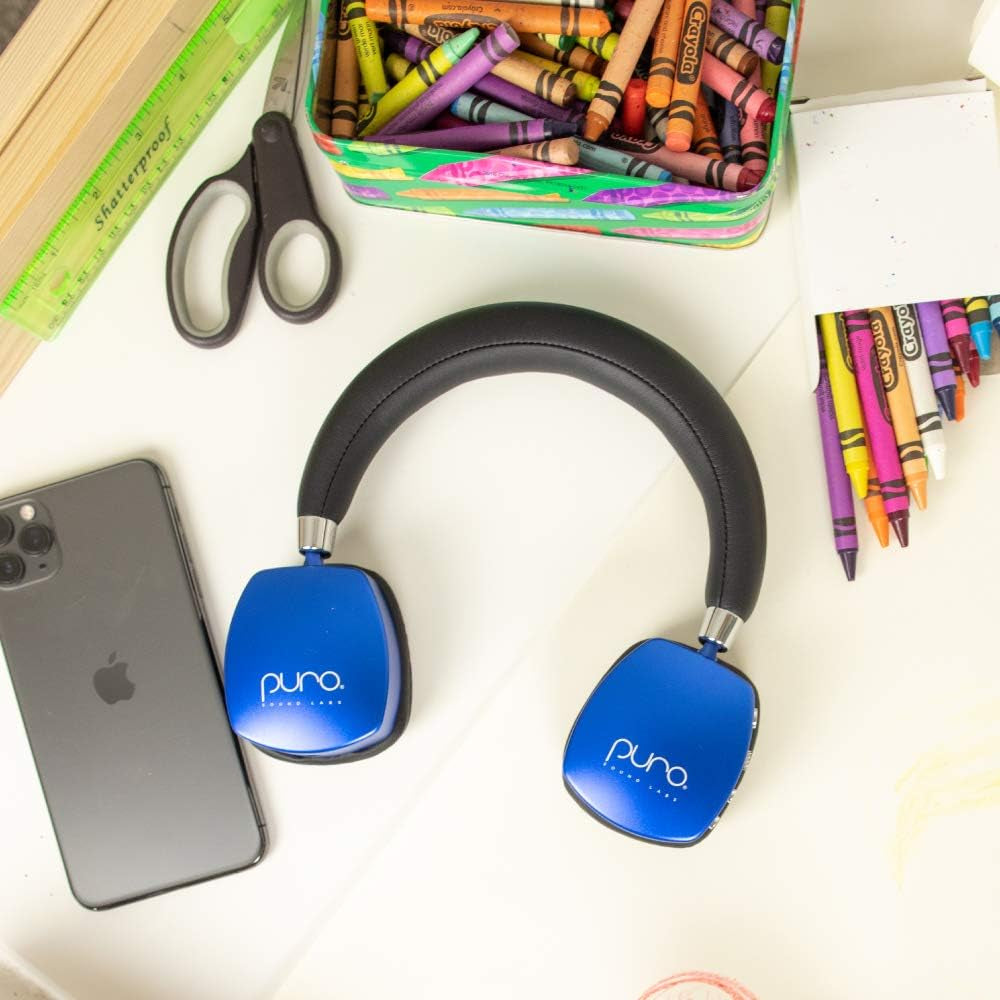 Puroquiets Volume Limited On-Ear Active Noise Cancelling Bluetooth Headphones – Lightweight Headphones for Kids with Built-In Microphone – Safer Sound Studio-Grade Quality (Dark Blue)