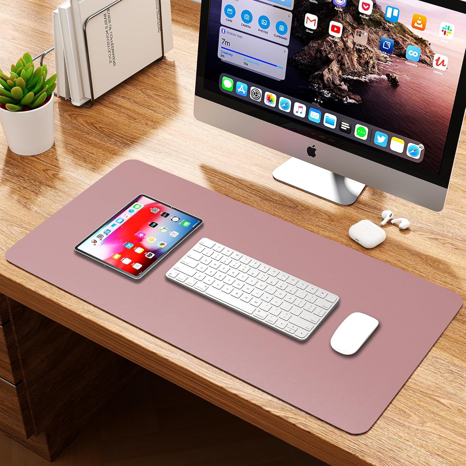 Leather Desk Pad Protector, Waterproof Mouse Pad, PU Desk Mat, Office Desk Cover, Desk Writing Mat for Office/Home/Work/Cubicle (Purple/Pink) 35.4X17In