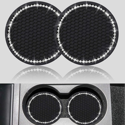 2PCS Bling Car Cup Coaster, Universal Vehicle Bling Holder Insert,2.75 Inch Rhinestone anti Slip Silicone Insert,Suitable for Most Car Interior,Best Gift Car Bling for Women, Black, 2 Pack